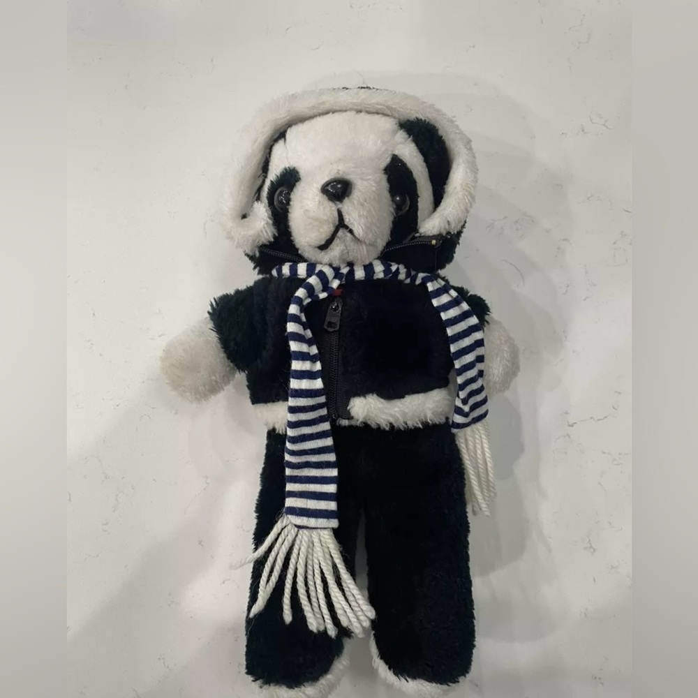 VTG 1983 Interpur 12" Plush Panda Bear w/ Black Zip Hoodie Jacket Stuffed Animal